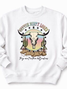 Dirty Looks Western Women’s Custom White Crewneck Sweatshirt Trendy Top